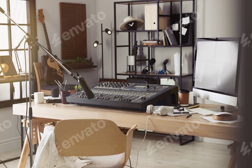 Preview: Professional audio equipment in modern radio studio