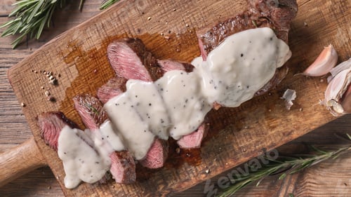 Preview: freshly grilled sliced beef steak with pepper sauce