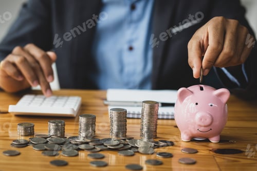 Preview: Business Person Saving Money with Piggy Bank