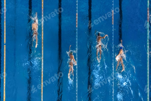 Preview: group of swimmers training in an outdoor pool top view