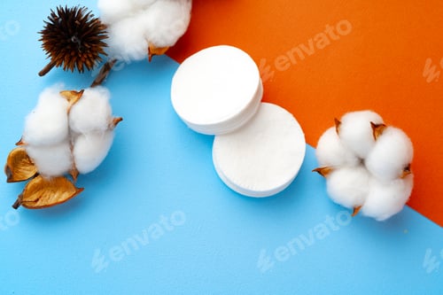 Preview: Cotton flower and cotton discs on paper background