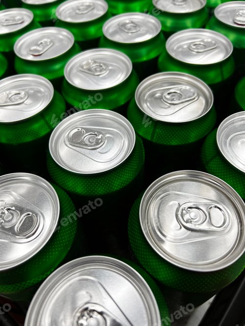 Preview: Vertical shot of a number of green beer cans