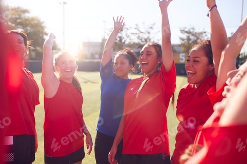 Preview: Manager Breaking From Huddle With Womens Football Team After Pep Talk Before Soccer Match