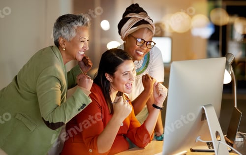 Preview: Creative business people, computer and celebration for winning, good news or team promotion at offi
