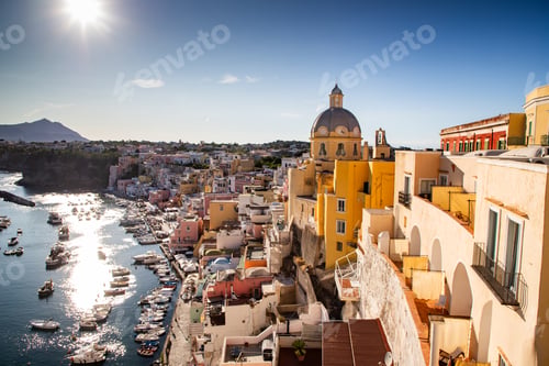 Preview: beautiful Procida island with colorful houses in sunny summer day, Italy