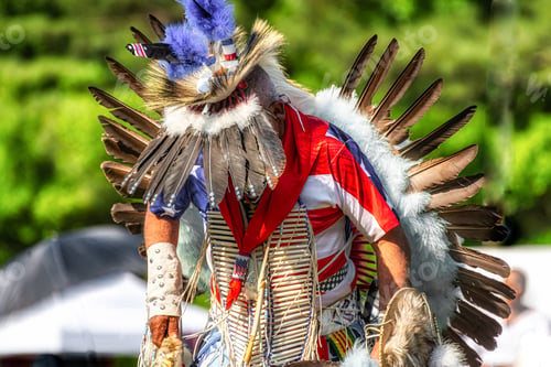 Preview: Closeup shot of a person in a colorful traditional Indian-American festive costume with feathers