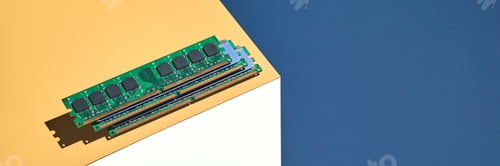 Preview: Isometry trendy cube concept. Computer memory module. Yellow and blue. Retail technology shop. Chip