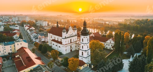 Preview: Pinsk, Brest Region, Belarus. Pinsk Cityscape Skyline In Autumn Morning. Bird's-eye View Of