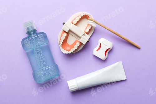 Preview: Mouthwash and other oral hygiene products on colored table top view with copy space