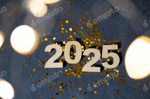 Preview: 2025 new year wooden numbers with golden stars and bokeh