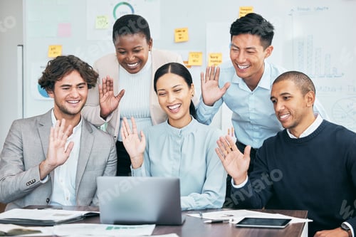 Preview: Businesspeople, team or group of professionals, waving and greeting during a video conference and v