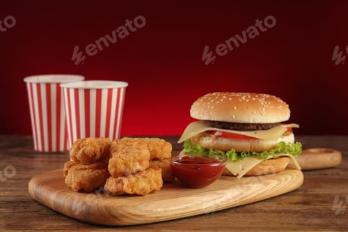 Preview: Delicious fast food menu on wooden table against red background