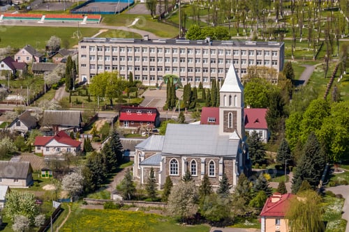 Preview: aerial view on neo gothic or baroque temple or catholic church in countryside