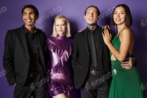 Preview: New year 2024, dreamy interracial male and female friends in festive attire hugging on purple