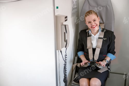 Preview: Cheerful female flight attendant sitting in chair in airplane