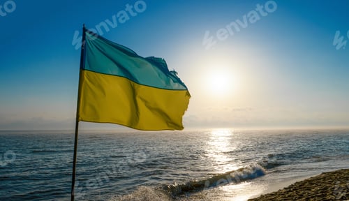 Preview: Ukrainian flag on the Black Sea. Coast near Odessa. Dawn, sky and nature. Beach resort Ukraine