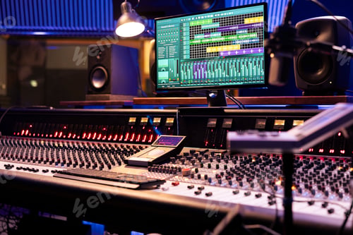 Preview: Control desk in professional music studio with motorized faders and knobs