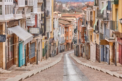 Preview: Balborraz street with colorful facades in Zamora city center. Spain