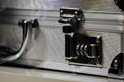 Preview: Closeup of an aluminum attache case lock placed on a white surface