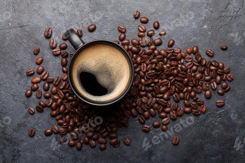 Black Coffee in Mug with Coffee Beans