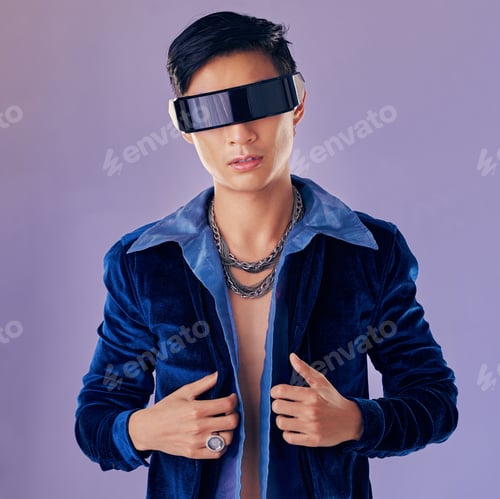Preview: Asian, man and future fashion with glasses in studio for aesthetic, jewelry or cyberpunk style. Fut
