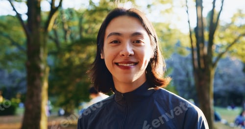 Preview: Japan, exercise and man in park, portrait and wellness with training, workout and morning routine.