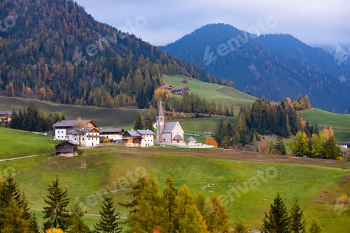 Preview: Santa Maddalena church, Dolomites mountains in magic autumn colors
