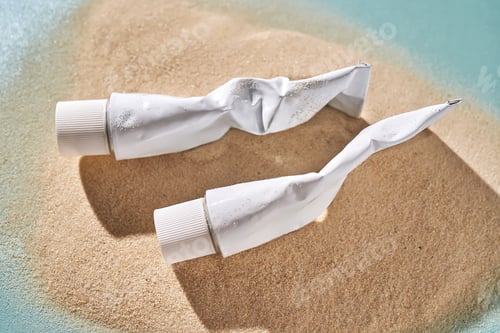 Preview: Two tubes of cream on the sand.