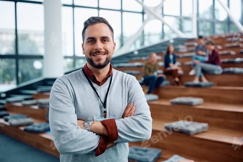 Preview: Confident public speaker during business conference in convention center looking at camera.