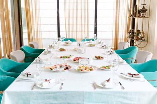 Preview: Elegant dining setup with colorful cuisine in a modern restaurant