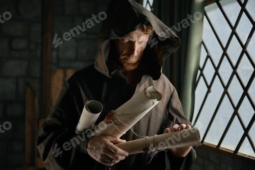 Preview: Medieval monk holding obsolete historical parchments and holy manuscripts