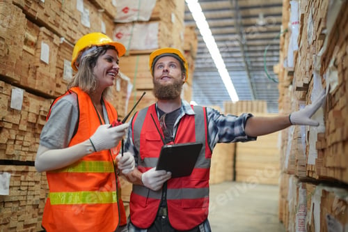 Preview: Mature woman discussing with colleague while examining wooden planks at industry