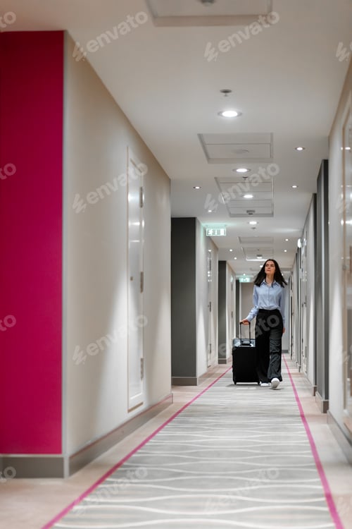 Preview: A girl with a suitcase walks down the corridor of hotel businesswoman on trip the concept of travel
