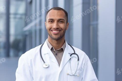 Preview: Portrait of successful and smiling African American doctor, man in medical coat with stethoscope