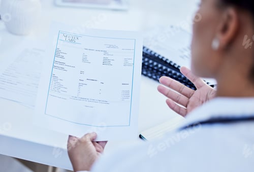 Preview: Paperwork, test and doctor with results on document or paper working in office reading prescription