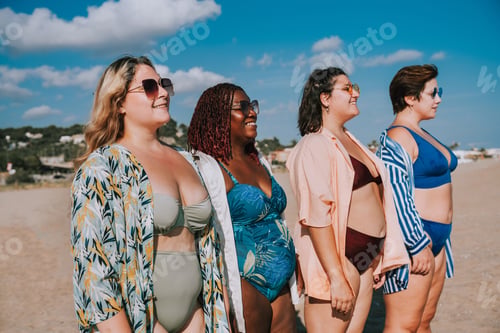 Preview: Group of plus size women with swimwear at the beach