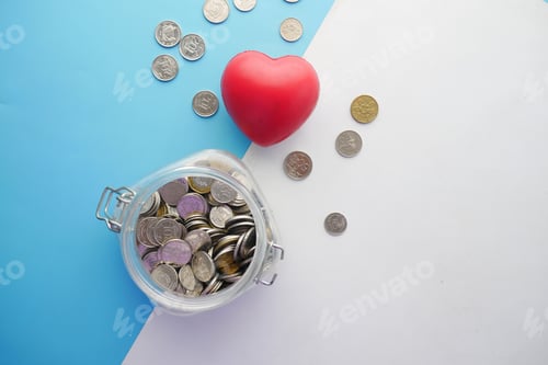 Preview: Heart and Coins on Blue and White Surface