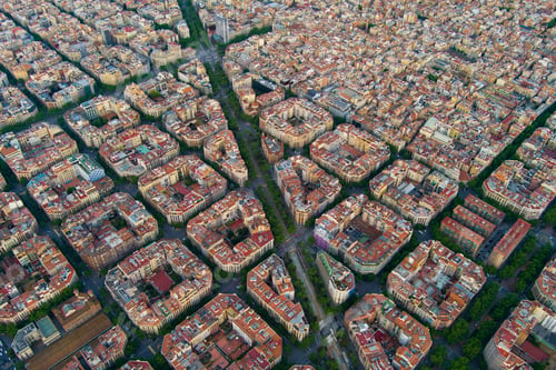 Preview: Aerial view of typical buildings of Barcelona cityscape. Eixample residential famous urban grid