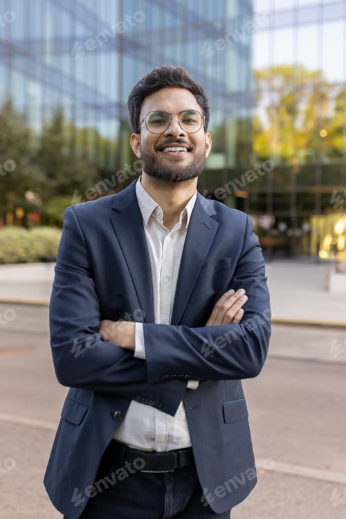Preview: Confident business professional standing outdoors near modern glass building