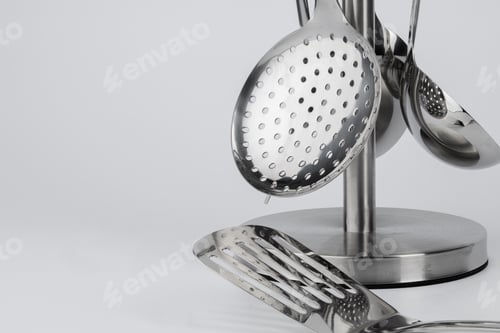 Preview: Aluminum holder with set of kitchen utensils on white background