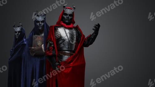 Preview: Two cultists in blue robes and their leader in red