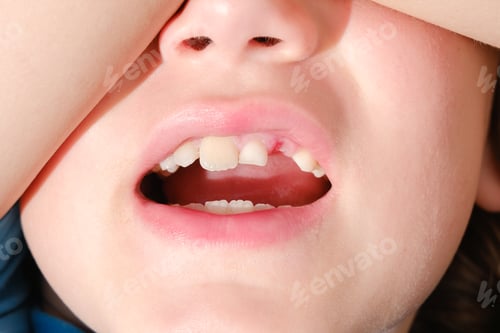 Preview: A child lost a baby tooth, shows it with his mouth open.