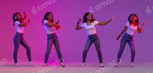 Preview: Having Fun. Collage with happy young black woman dancing in neon light