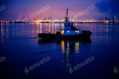 Preview: Tugboat in front of harbor at night, Tacoma, Washington, USA