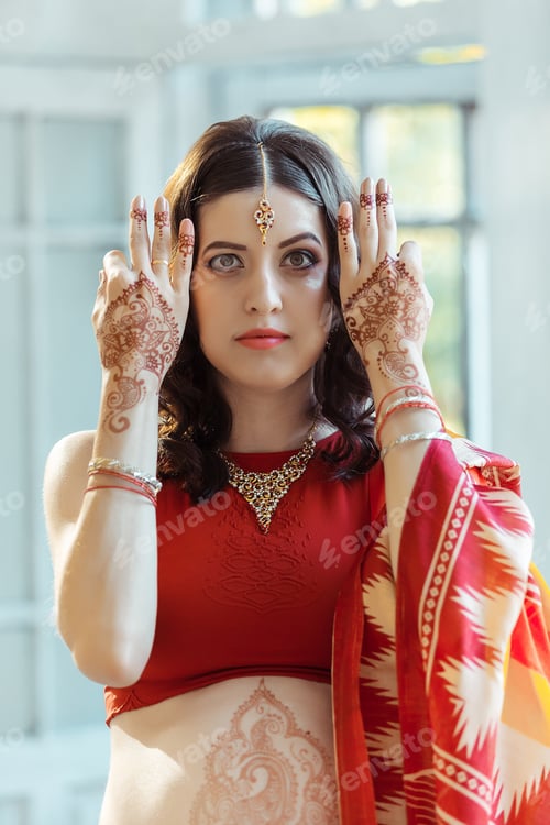 Preview: Indian Picture On Woman Hands And Belly, Mehendi Tradition Decoration, Resistant Design By Brown