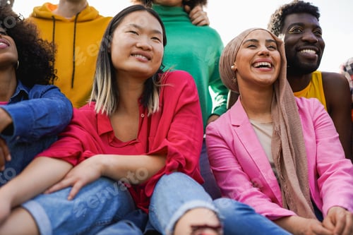 Preview: Group of happy multiracial people enjoy day at city park - Young friends having fun outdoor