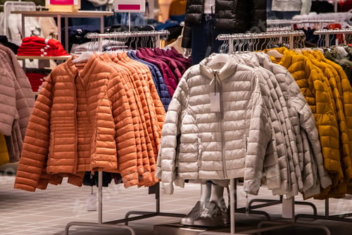 Preview: Sale of winter and autumn clothes in a shopping center.
