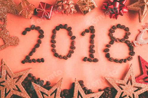 Preview: 2018 Coffee Bean Text And Christmas Decorations On Craft Paper In Vintage Style For New Year Concept