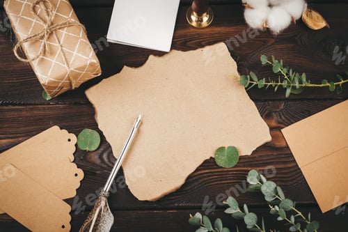 Preview: Writing holiday vintage style greeting card on wooden table, copy space