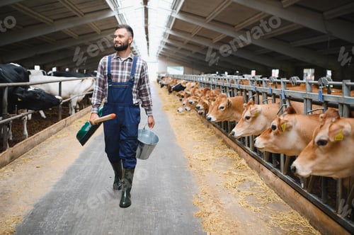 Preview: Farmer walking in cowshed holding shovel and bucket